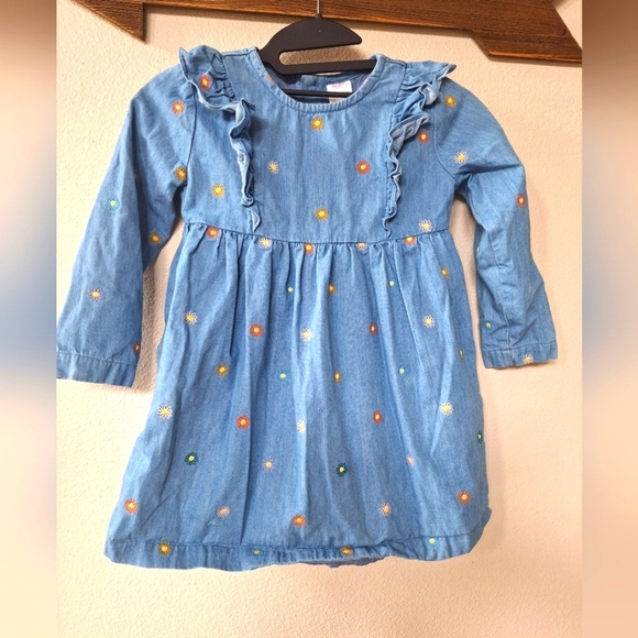 Hanna Andersson Girls Ruffle Embroidered Long Sleeve Chambray Dress Size 5 - Picture 1 of 7
